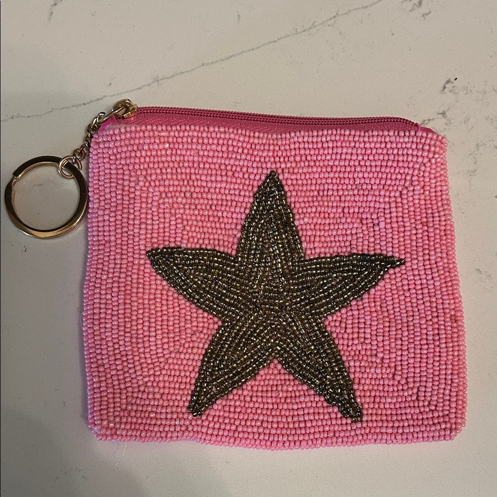Pink Beaded Gold Star Pouch /Coin Purse  Keychain